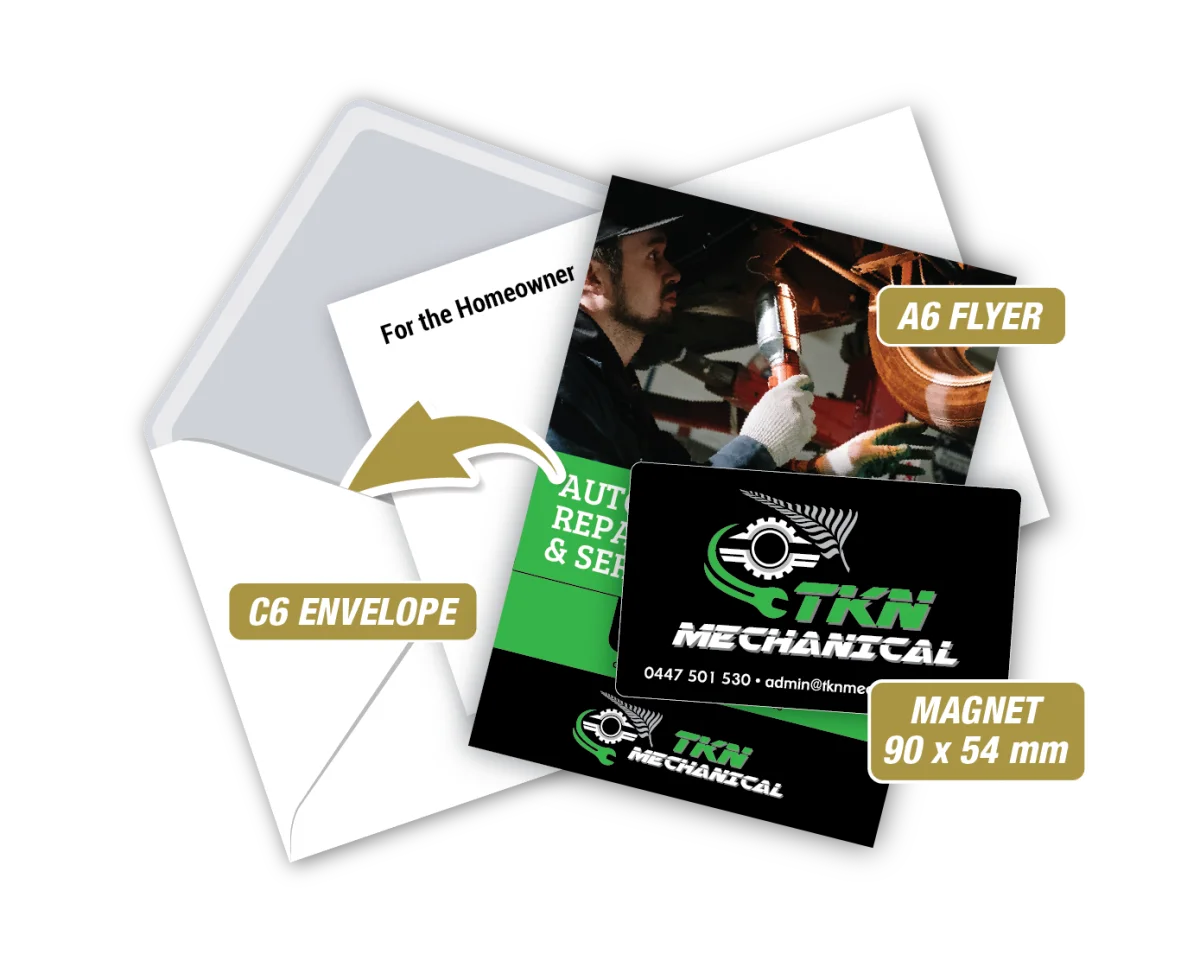 Biz Card w/A6 Flyer in Envelope — Fridge magnets for mechanics and the car industry