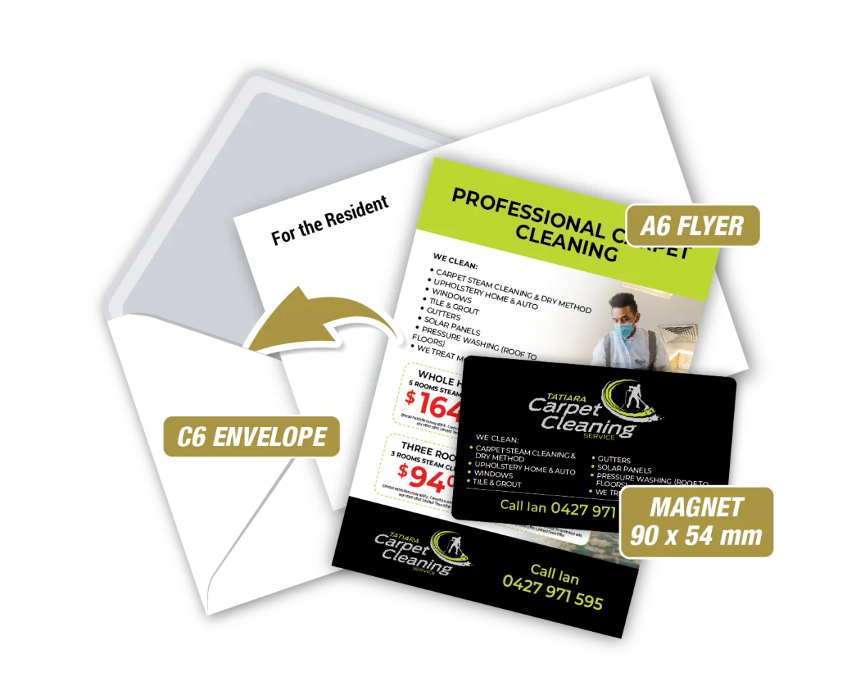 Biz Card w/A6 Flyer in Envelope — Fridge magnets for carpet cleaners