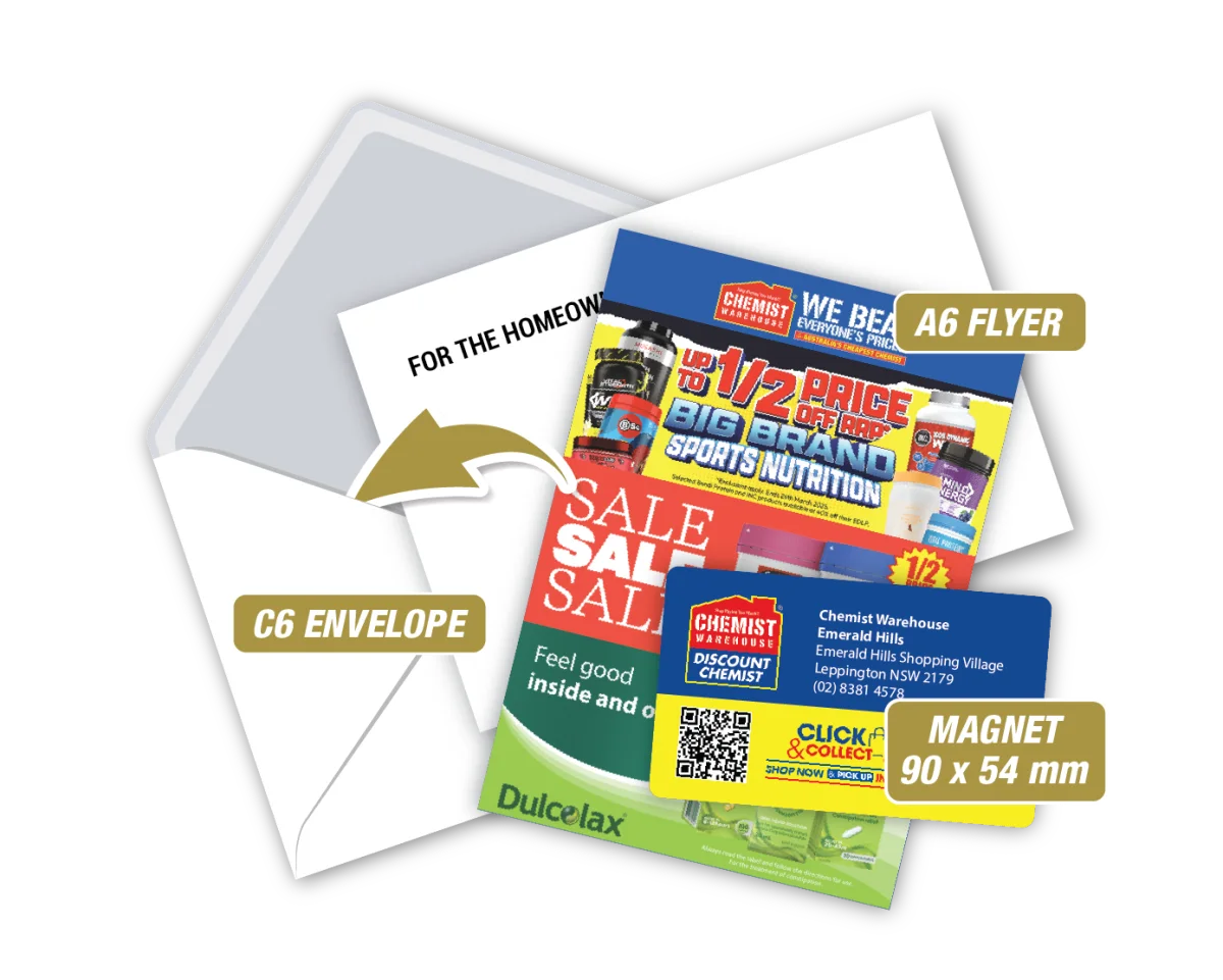Biz Card w/A6 Flyer in Envelope — Fridge magnets for pharmacies