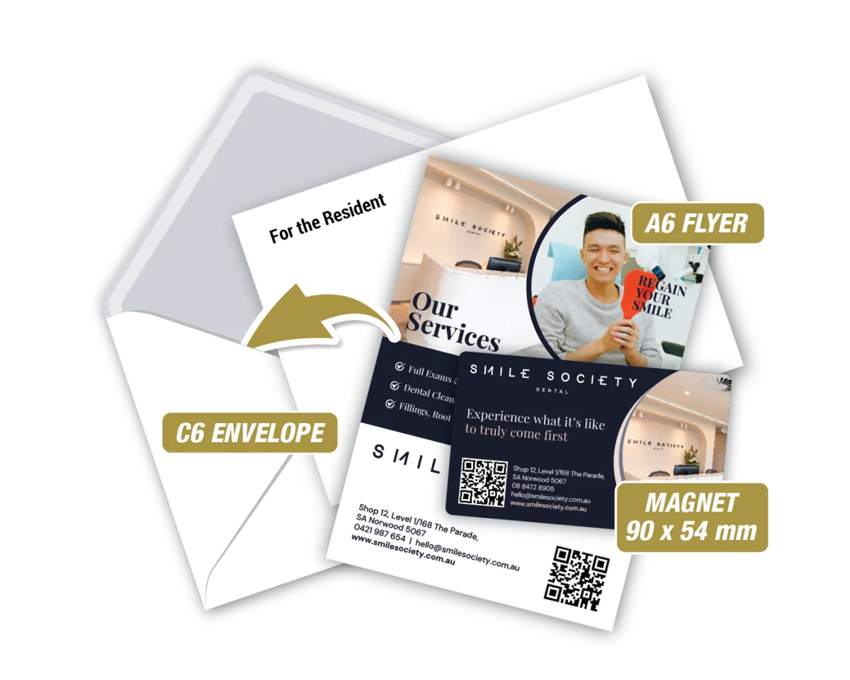 Biz Card w/A6 Flyer in Envelope — Fridge magnets for dentists
