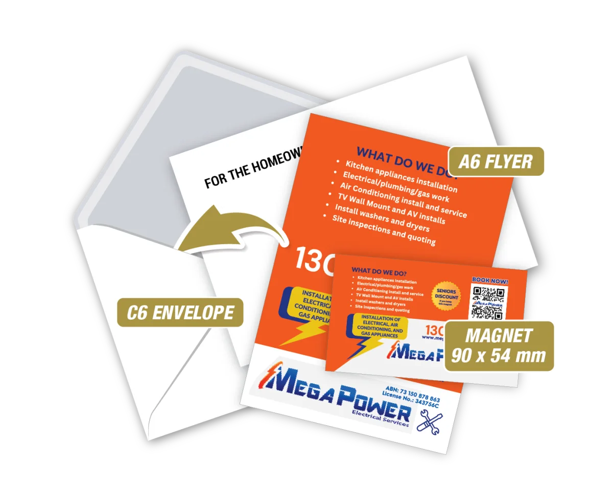Biz Card w/A6 Flyer in Envelope — Fridge magnets for electricians