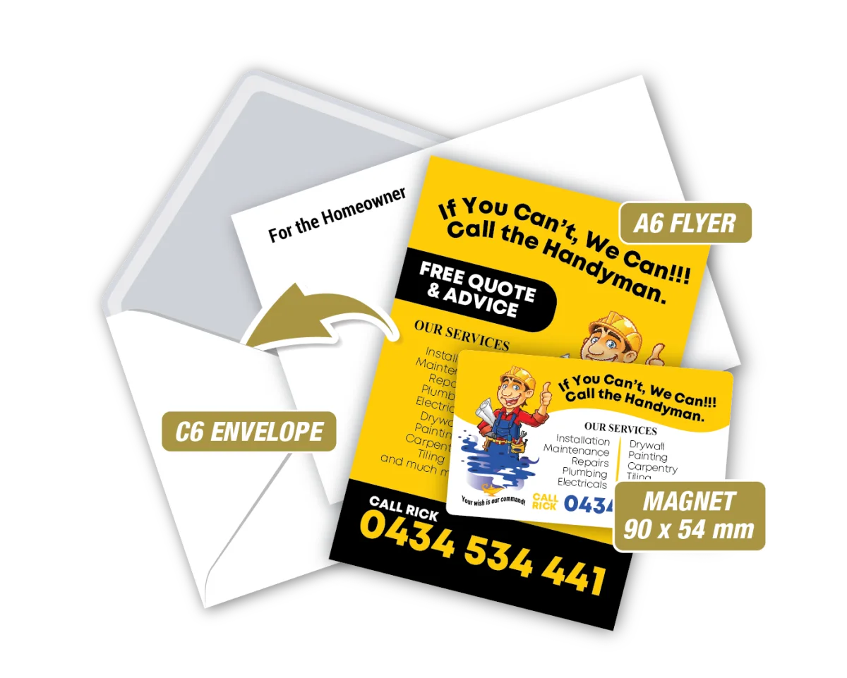Biz Card w/A6 Flyer in Envelope — Fridge magnets for handymen and builders