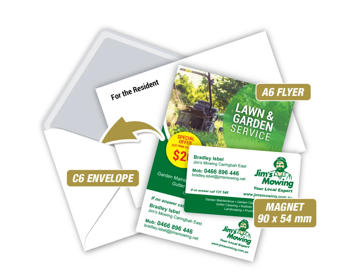 Biz Card w/A6 Flyer in Envelope — Fridge magnets for lawn mowing and garden services