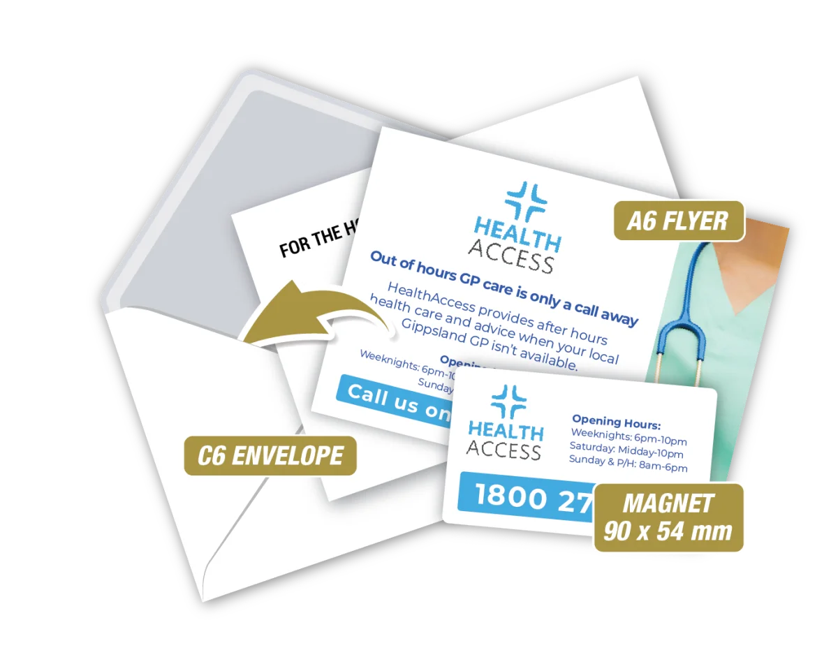 Biz Card w/A6 Flyer in Envelope — Fridge magnets for medical practices and GPs