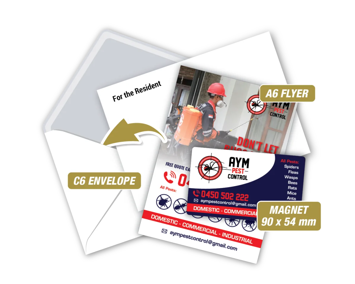 Biz Card w/A6 Flyer in Envelope — Fridge magnets for pest controllers