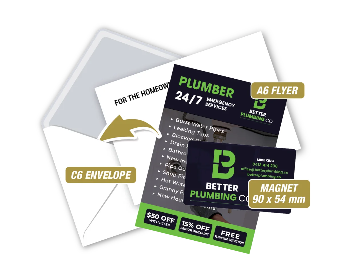 Biz Card w/A6 Flyer in Envelope — Fridge magnets for plumbers