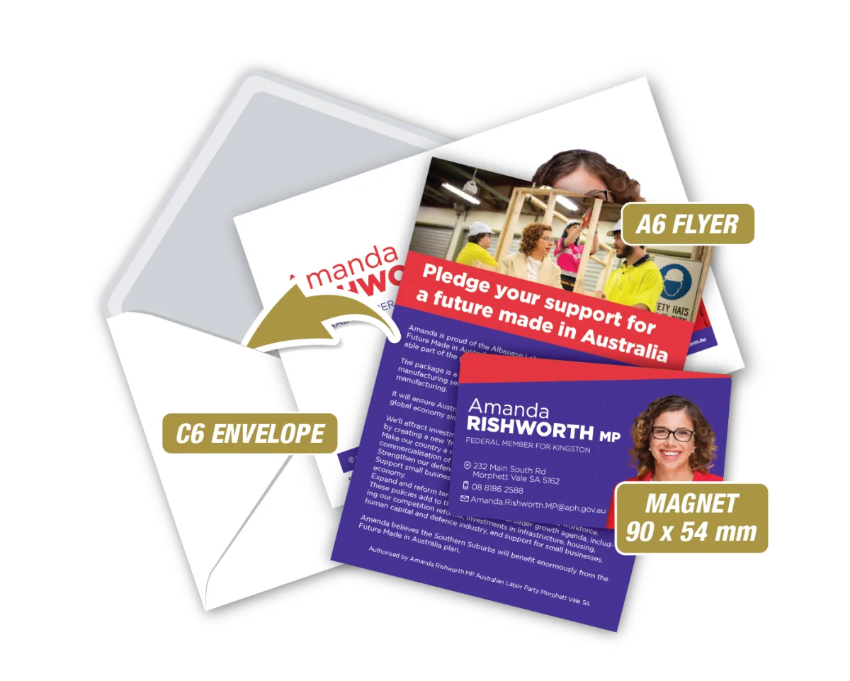 Biz Card w/A6 Flyer in Envelope — Fridge magnets for politicians and campaigns