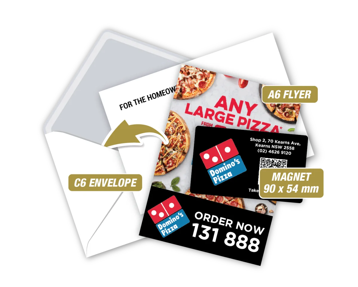 Biz Card w/A6 Flyer in Envelope — Fridge magnets for restaurants, cafes and takeaway