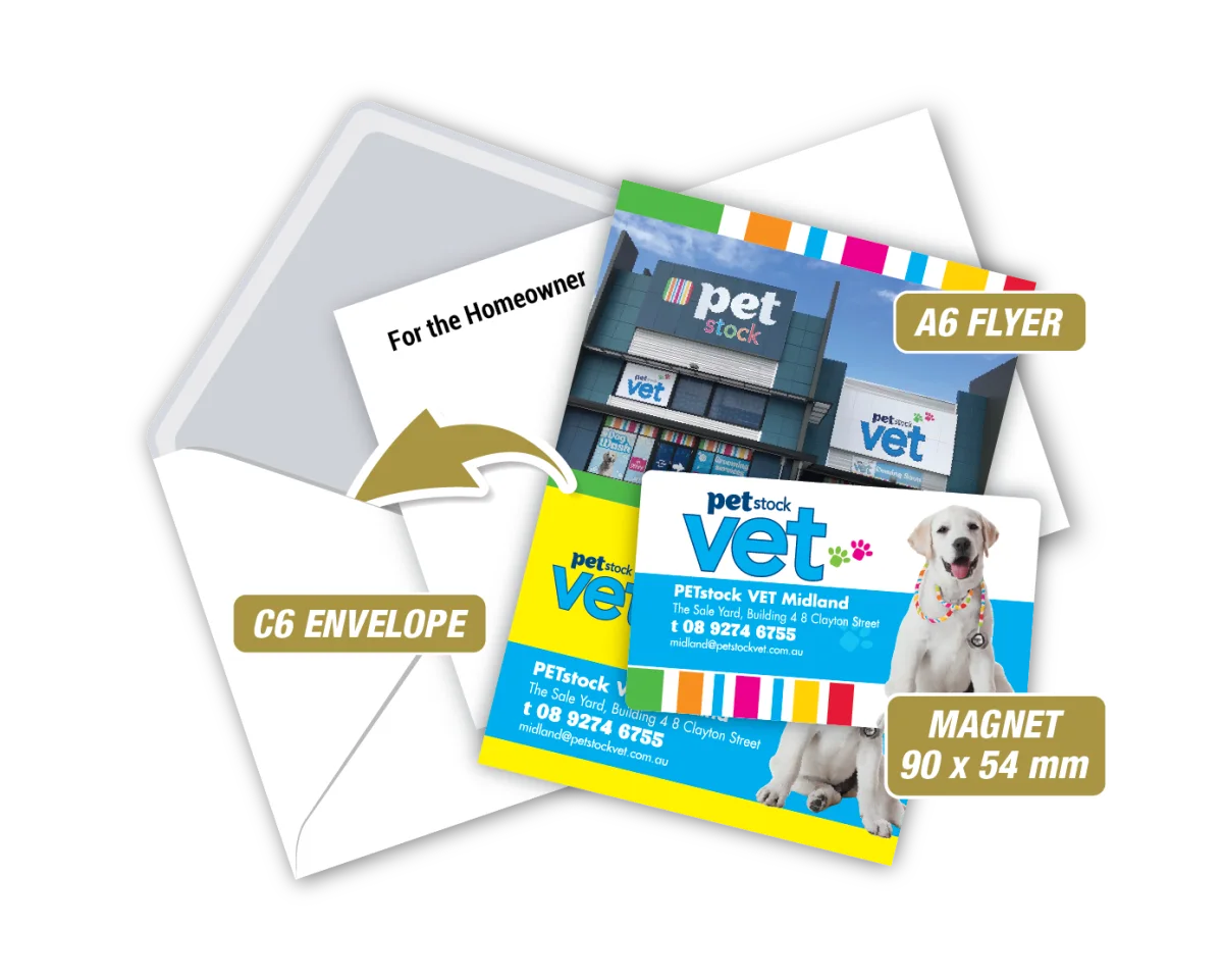 Biz Card w/A6 Flyer in Envelope — Fridge magnets for vets and pet businesses